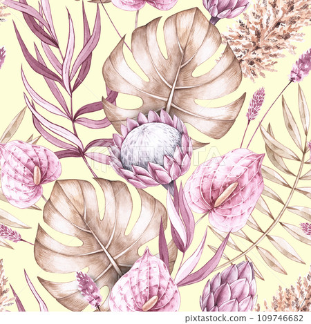 Tropical watercolor floral pattern in pastel shades 109746682