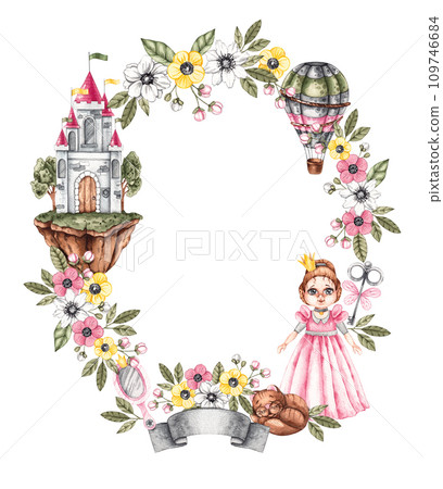 Watercolor childrens frame with princess, castles in the air, accessories and flowers on white Watercolor childrens frame with princess, castles in the air, accessories and flowers on white 109746684