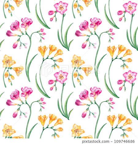 Watercolor seamless pattern with twigs of freesia flower in yellow and pink colors Watercolor seamless pattern with twigs of freesia flower in yellow and pink colors 109746686