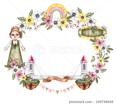 Watercolor childrens frame with princess, castles in the air, accessories and flowers on white 109746688