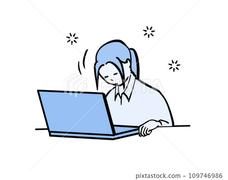 一位身穿西裝的女士在電腦前打瞌睡的單色插圖 109746986