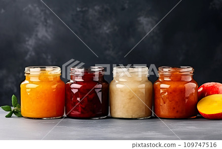 Mango and mint. Open jars with a variety of jams and preserves with pieces of fruit. Jars with different jams and apricots on table against dark background. Mango and mint. Open jars with a variety of jams and preserves with pieces of fruit. Jars with different jams and apricots on table against dark background. 109747516