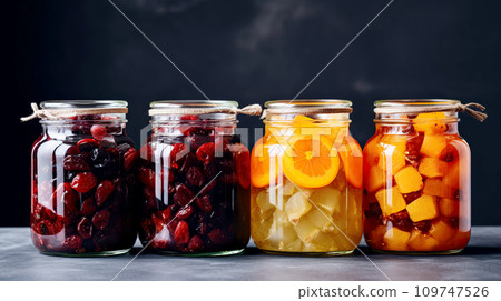 Homemade compote in large glass jars from Assorted dried fruits. Homemade compote in large glass jars from Assorted dried fruits. 109747526
