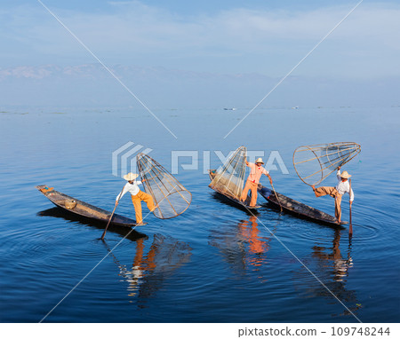 Burmese fishermen at Inle lake, Myanmar Burmese fishermen at Inle lake, Myanmar 109748244