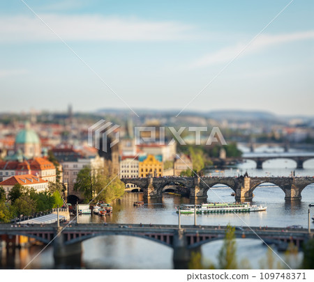 Panoramic view of Prague bridges over Vltava river 109748371