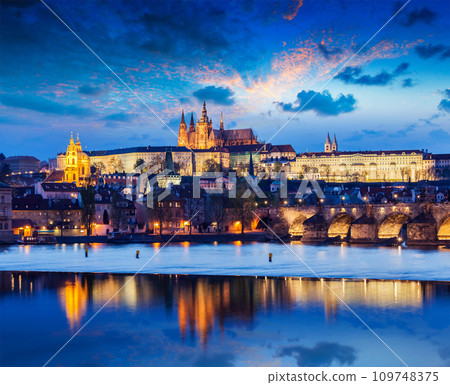 Charles Bridge and Prague Castle in twilight 109748375