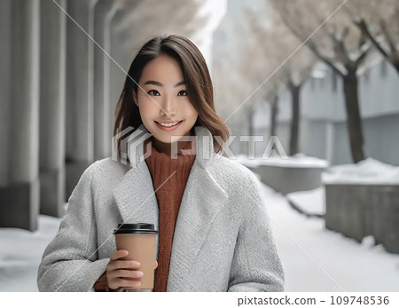 女人用一杯熱飲從寒冷中取暖 109748536