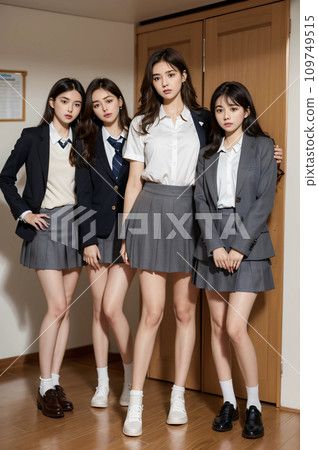 Three high school girls in uniform in the classroom AI-generated image AI-generated AI image AI beauty 109749515