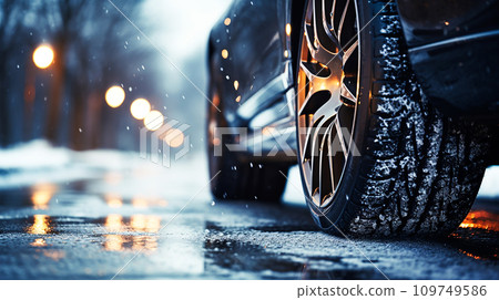 car tires running on a snowy road car tires running on a snowy road 109749586