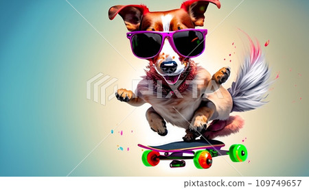 dog wearing sunglasses skateboarding 109749657