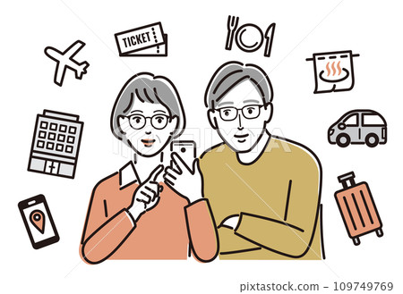 Elderly men and women making travel reservations on smartphones 109749769