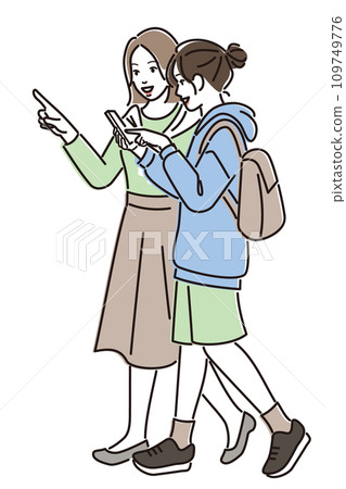 年輕女子邊走邊看智慧型手機上的路線 年輕女子邊走邊看智慧型手機上的路線 109749776