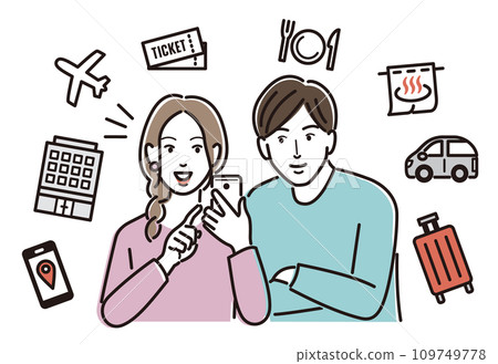 一名男子和一名女子用智慧型手機規劃旅行 109749778