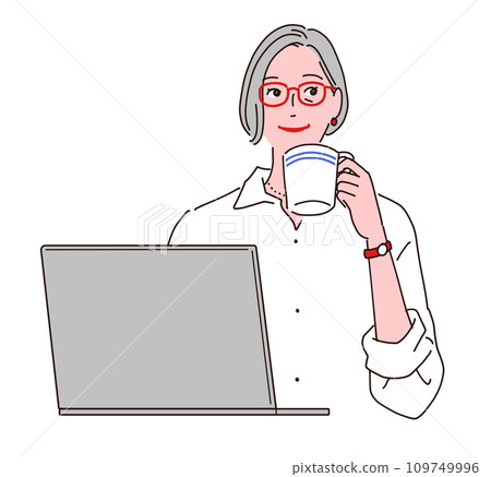 A stylish senior woman is drinking coffee while using a computer A stylish senior woman is drinking coffee while using a computer 109749996
