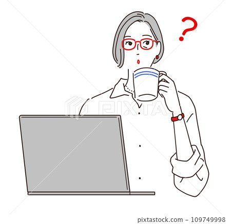 A stylish senior woman is drinking coffee while using a computer. Questions A stylish senior woman is drinking coffee while using a computer. Questions 109749998