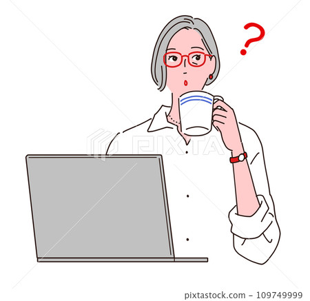 A stylish senior woman is drinking coffee while using a computer. Questions A stylish senior woman is drinking coffee while using a computer. Questions 109749999