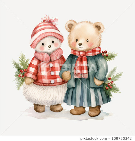 Watercolor illustration of two cute bears in winter clothes, isolated on white background. 109750342