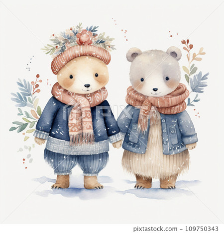 Watercolor illustration of two cute bears in winter clothes, isolated on white background. 109750343