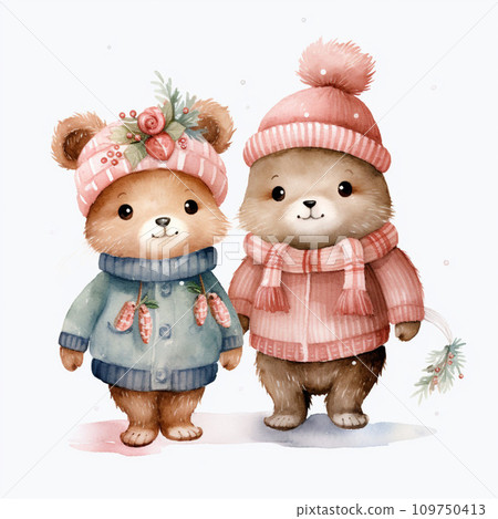 Cute cartoon bear and bear in winter clothes. Watercolor illustration 109750413
