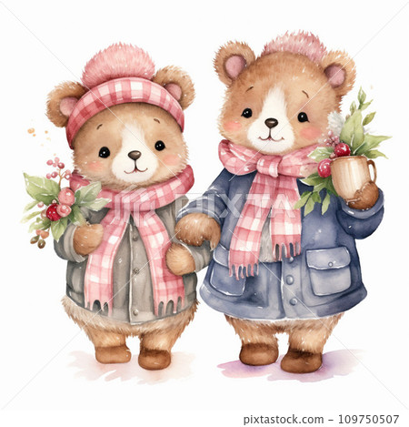 Watercolor illustration of two cute bears in warm clothes. Isolated on white background. Watercolor illustration of two cute bears in warm clothes. Isolated on white background. 109750507