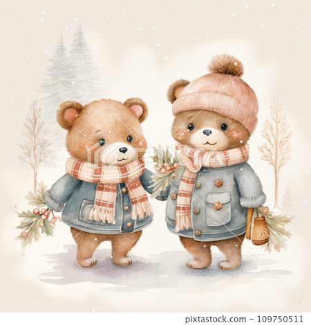 Watercolor illustration of two cute bears in warm clothes. Isolated on white background. Watercolor illustration of two cute bears in warm clothes. Isolated on white background. 109750511