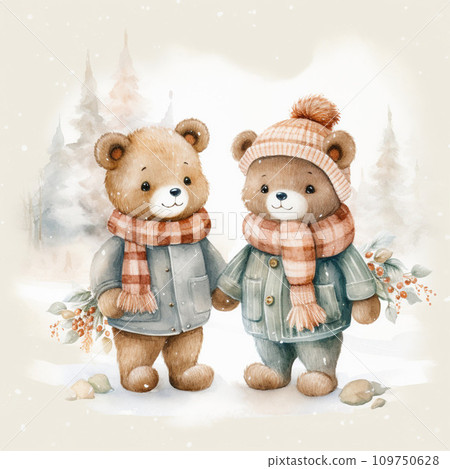 Watercolor illustration of two cute bears in warm clothes. Isolated on white background. Watercolor illustration of two cute bears in warm clothes. Isolated on white background. 109750628