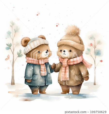 Watercolor illustration of two cute bears in warm clothes. Isolated on white background. 109750629