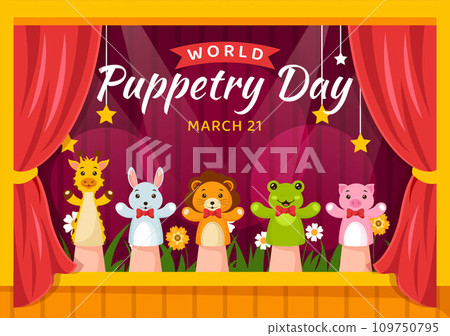 World Puppetry Day Vector Illustration on March 21 for Puppet Festivals which is moved by the Fingers Hands in Flat Kids Cartoon Background Design 109750795
