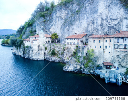 Drone view at the monastery of Santa Caterina del Sasso on lake Maggiore Italy Drone view at the monastery of Santa Caterina del Sasso on lake Maggiore Italy 109751166