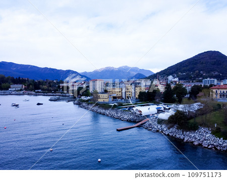 View of Riva del Garda city, Garda lake, Italy, alps mountains. 109751173