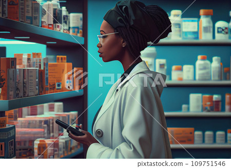 Side view of young professional African woman pharmacist, wearing virtual reality headset, working in modern drugstore and looking at shelves with medicines and gesturing 109751546