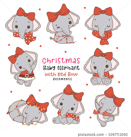 Christmas Elephant girl with Red Bow Collection, dorable and Kawaii baby wildlife animal cartoon hand drawing Christmas Elephant girl with Red Bow Collection, dorable and Kawaii baby wildlife animal cartoon hand drawing 109751692