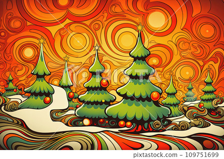 AI-generated content. Groovy Christmas trees and starry sky. Colorful festive modern retro style poster AI-generated content. Groovy Christmas trees and starry sky. Colorful festive modern retro style poster 109751699