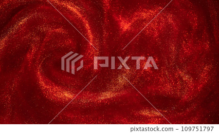 Swirls of Gold Dust Particles in Red Liquid. Magical waves of golden glittering particles in various hues of red with a depth of field. Abstract shiny background. Swirls of Gold Dust Particles in Red Liquid. Magical waves of golden glittering particles in various hues of red with a depth of field. Abstract shiny background. 109751797
