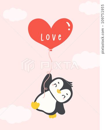 Cute baby penguin Valentine with heart cartoon animal hand drawing illustration. 109751955