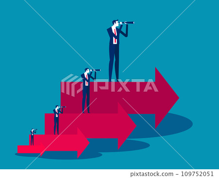 Team holding binoculars and standing on arrows of different heights and sizes. Business vision vector illustration concept Team holding binoculars and standing on arrows of different heights and sizes. Business vision vector illustration concept 109752051