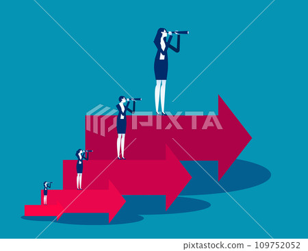 Team holding binoculars and standing on arrows of different heights and sizes. Business vision vector illustration concept Team holding binoculars and standing on arrows of different heights and sizes. Business vision vector illustration concept 109752052