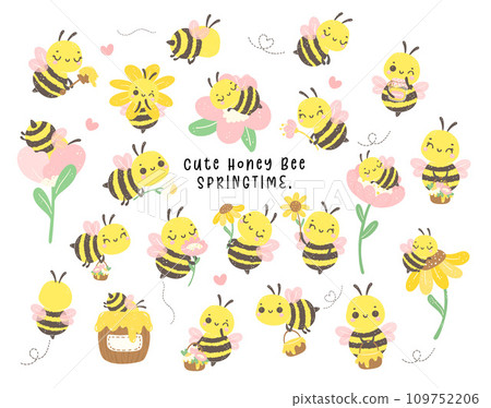 Cute bee Baby with honey and flowers Cartoon collection in adorable poses. Kawaii Animal Drawing . 109752206