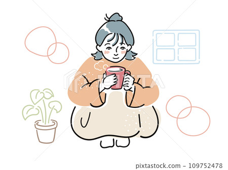 一個女人裹著毯子在家裡喝著熱飲。冬天女人插畫。在家放鬆的時光。 一個女人裹著毯子在家裡喝著熱飲。冬天女人插畫。在家放鬆的時光。 109752478