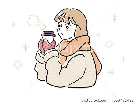 冬天女人插畫。寒冷的室外,一個女人手裡拿著一杯熱飲。 冬天女人插畫。寒冷的室外,一個女人手裡拿著一杯熱飲。 109752482