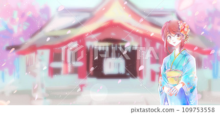 穿著長袖和服的女人和不尋常的神社的背景春天櫻花花吹 穿著長袖和服的女人和不尋常的神社的背景春天櫻花花吹 109753558