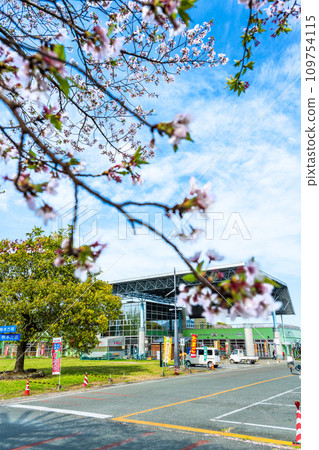 鴨本水部廣場,一個以櫻花樹和明亮的春天天空為背景的路邊車站 鴨本水部廣場,一個以櫻花樹和明亮的春天天空為背景的路邊車站 109754115