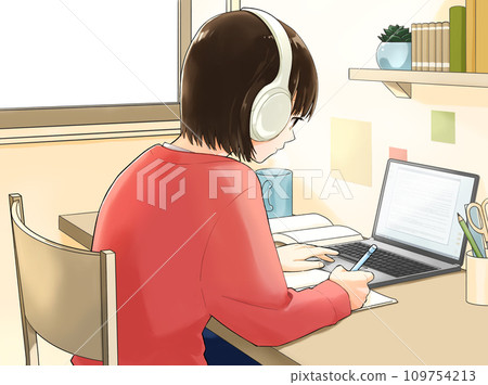 Young woman studying, computer, headphones Young woman studying, computer, headphones 109754213
