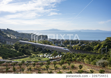 Kyushu Shinkansen overlooking the Yatsushiro Sea 109754431