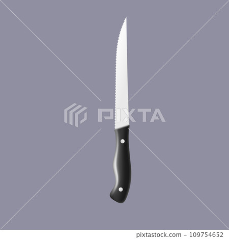 Realistic kitchen utility knife with sharp serrated blade and black non grip handle. 109754652