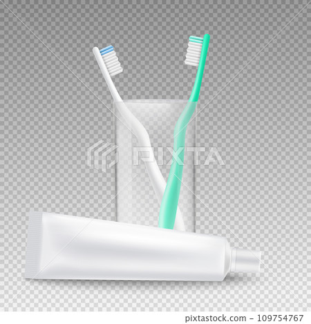 Realistic mockup of toothpaste tube lying next to toothbrush holder 109754767