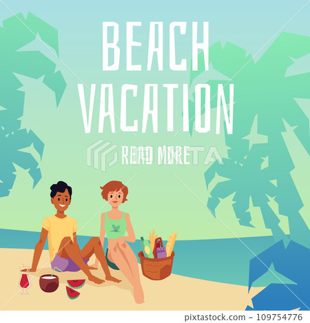 Cartoon couple on beach vacation picnic by the sea sitting on sand Cartoon couple on beach vacation picnic by the sea sitting on sand 109754776