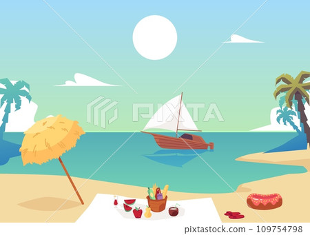 Summer sea shore landscape with food served for picnic, flat vector illustration. Summer sea shore landscape with food served for picnic, flat vector illustration. 109754798