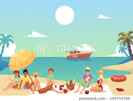 Vector illustration of a picnic on a sea beach. Vector illustration of a picnic on a sea beach. 109754799