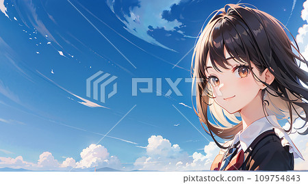 一個穿著制服的女孩的插圖，藍天背景，左邊空間“AI 生成圖像” 109754843